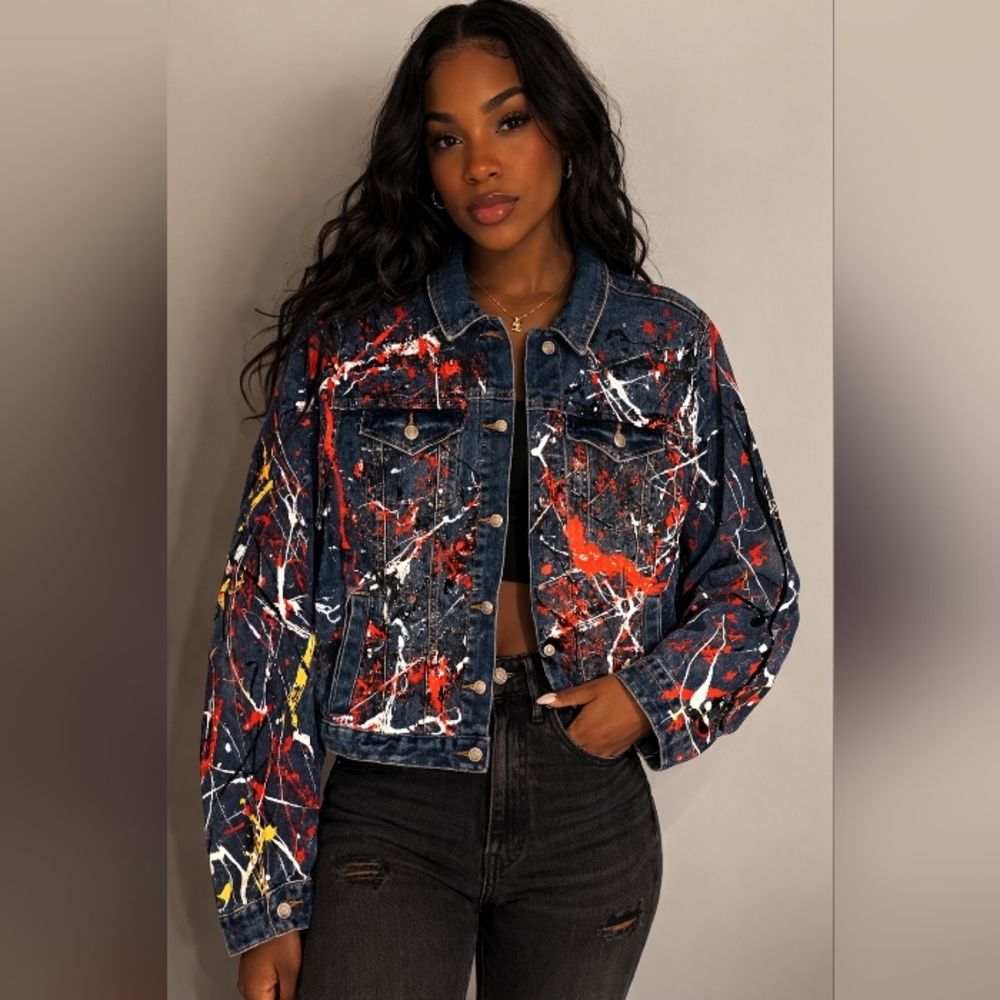Time & Tru Paint Splatter Denim Jacket Blue Red White Yellow Artsy XL 16-18
